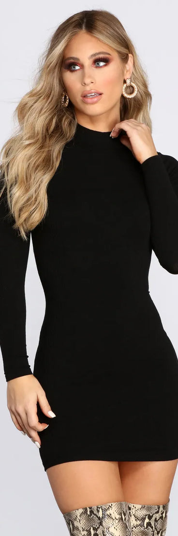 Ribbed Knit Mock Neck Mini Dress
