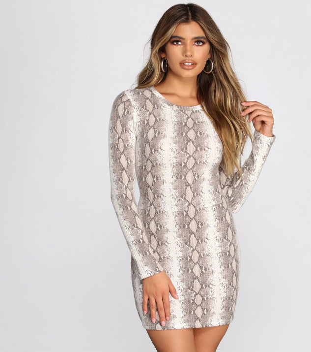 Snake Print Waffle Knit Mini Dress