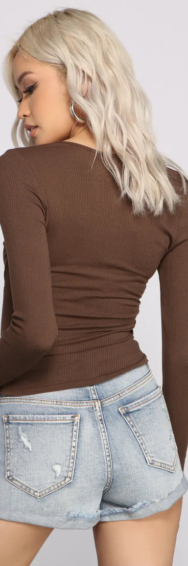 So Basic Notched Ribbed Knit Top