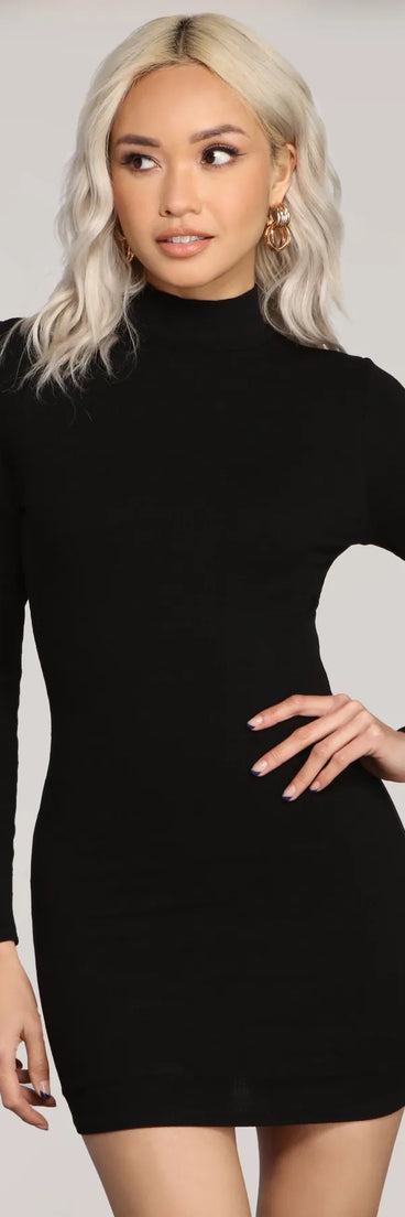 Basic Ribbed Knit Long Sleeve Mini Dress, a trendy black mini dress featuring modern details and a fresh seasonal hue, perfect for creating chic 2025 looks.