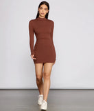 Step into seasonal chic with the Basic Ribbed Knit Long Sleeve Mini Dress, a brown mini dress featuring an above-the-knee cut ideal for cocktail parties, festive gatherings, or clubwear.