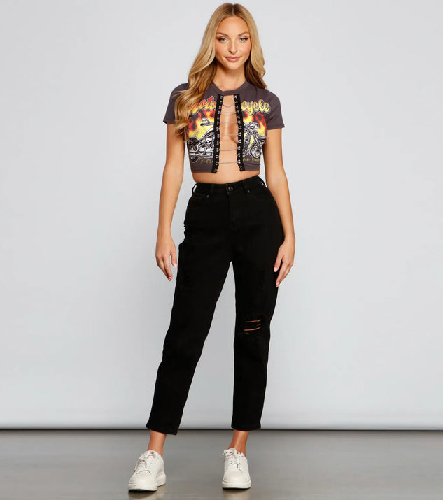 トップス bohemian seoul biker tops Edgy Biker-Chic Cropped Graphic Tee | Windsor