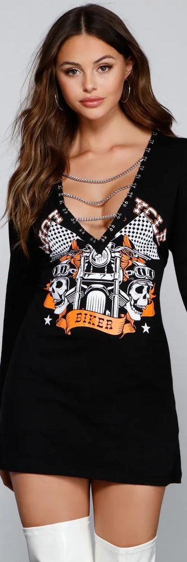 Edgy Biker Babe Chain-Detail Tunic