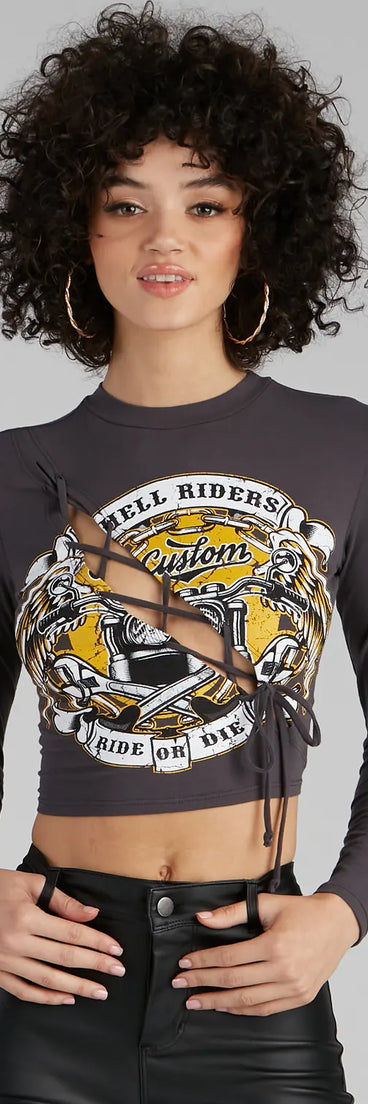 Ride Or Die Lace-Up Graphic Top