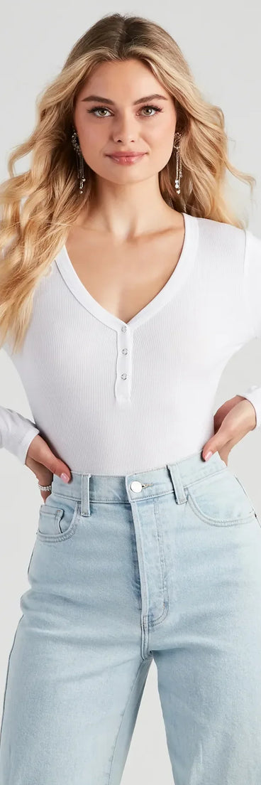 Casual Ribbed Knit Henley Bodysuit