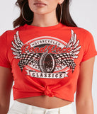 Moto Babe Graphic Knot Tie Crop Tee