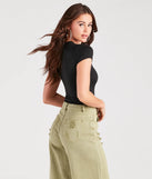 Elevate your seasonal style with the Casually Cute Basic Short Sleeve Bodysuit, a black bodysuit designed for confident and effortless styling with anything from mini skirts to high-waist jeans.