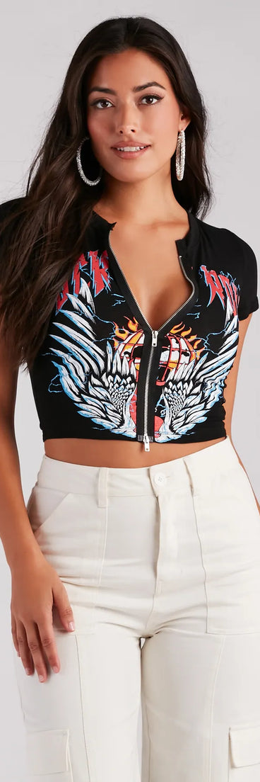 Rock 'N' Roll Zip-Front Cropped Graphic Tee