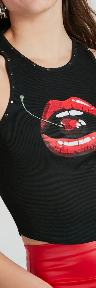 Take A Bite Stud Lips And Cherry Graphic Tank Top