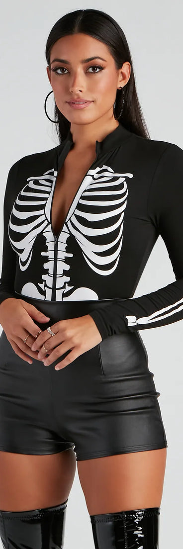 Sultry Skeleton Halloween Mock Neck Bodysuit