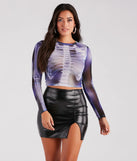 Sultry Skeleton Contrast Print Sheer Crop Top