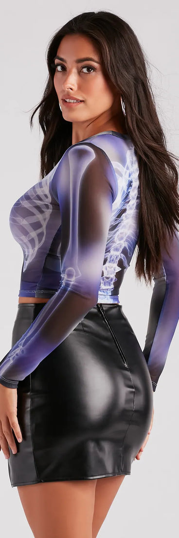 Sultry Skeleton Contrast Print Sheer Crop Top