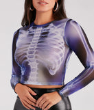 Sultry Skeleton Contrast Print Sheer Crop Top