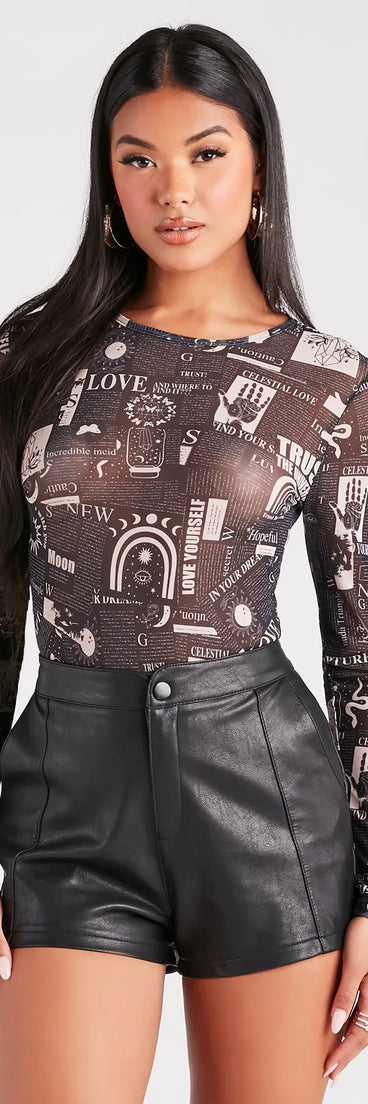 Must Be Fate Mesh Celestial Newsprint Bodysuit