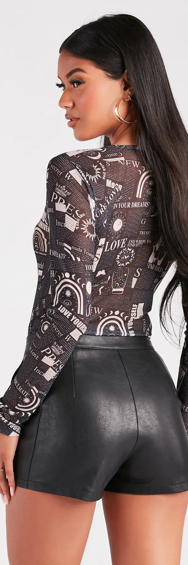 Must Be Fate Mesh Celestial Newsprint Bodysuit