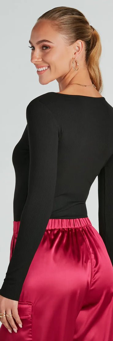 Chic Deets Zip-Front Long Sleeve Knit Bodysuit