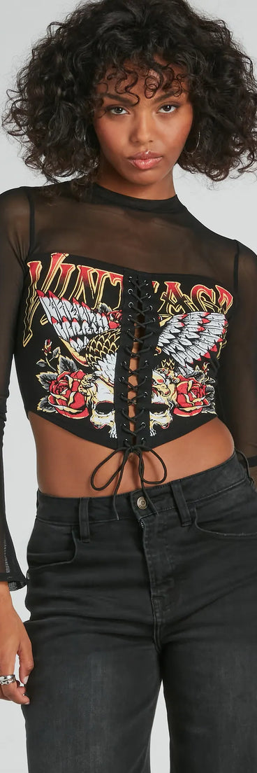 Stand out this winter in the Vintage Lace-Up Mesh Graphic Crop Top, a women's black long-sleeve top crafted from an elevated fabric with a modern necklineperfect for party outfits, holiday attire, or elevated casual outfits.