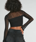 Stand out this winter in the Vintage Lace-Up Mesh Graphic Crop Top, a women's black long-sleeve top crafted from an elevated fabric with a modern necklineperfect for party outfits, holiday attire, or elevated casual outfits.