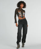 Stand out this winter in the Vintage Lace-Up Mesh Graphic Crop Top, a women's black long-sleeve top crafted from an elevated fabric with a modern necklineperfect for party outfits, holiday attire, or elevated casual outfits.