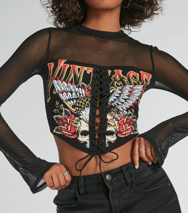 Vintage Lace-Up Mesh Graphic Crop Top | Windsor