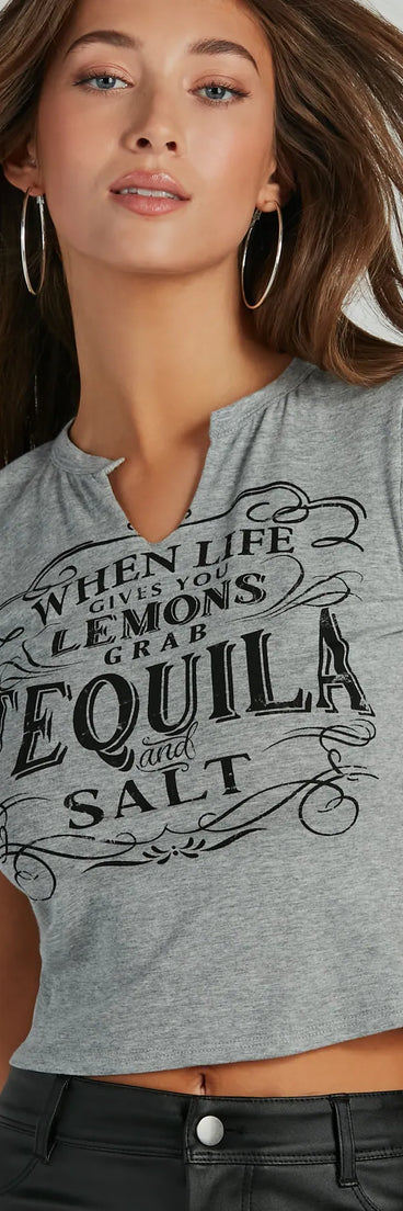 The When Life Gives You Lemons Cropped Graphic Tee in gray with a modern design and trendy look is part of the latest women's tops collection to elevate your 2025 wardrobe.