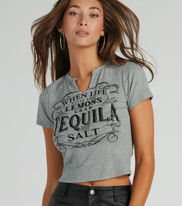 The When Life Gives You Lemons Cropped Graphic Tee in gray with a modern design and trendy look is part of the latest women's tops collection to elevate your 2025 wardrobe.