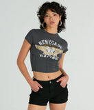The Renegade Racing Moto Corset Graphic Tee in charcoal with a modern design and trendy look is part of the latest women's tops collection to elevate your 2025 wardrobe.