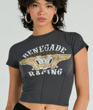 The waist-defining bodice style of the Renegade Racing Moto Corset Graphic Tee in charcoal is perfect for making a statement with your outfit and provides the structure, molded cups, or lace-up details that capture the corset trend.