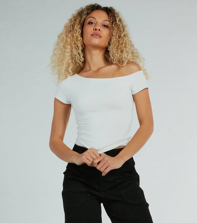 Fave Style Off-The-Shoulder Short Sleeve Knit Top, a trendy white addition to women's going-out outfits, is ideal for Christmas party outfits, chic NYE attire, or winter night-out looks that keep you on-trend!