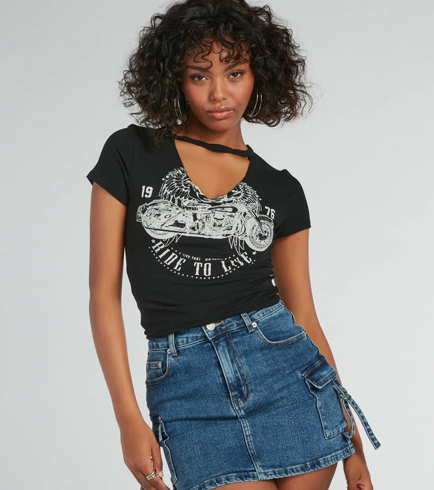 The Moto Babe Cutout Knit Graphic Tee in black with a modern design and trendy look is part of the latest women's tops collection to elevate your 2025 wardrobe.