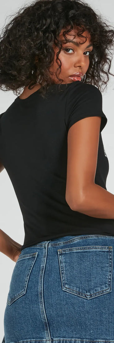 The Moto Babe Cutout Knit Graphic Tee in black with a modern design and trendy look is part of the latest women's tops collection to elevate your 2025 wardrobe.