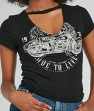 The Moto Babe Cutout Knit Graphic Tee in black with a modern design and trendy look is part of the latest women's tops collection to elevate your 2025 wardrobe.