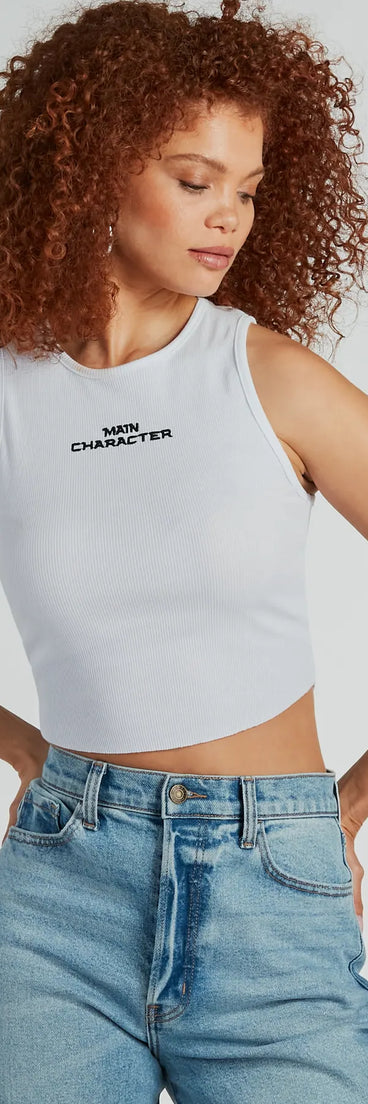 The Main Character Sleeveless Tank Crop Top in white with a modern design and trendy look is part of the latest women's tops collection to elevate your 2025 wardrobe.