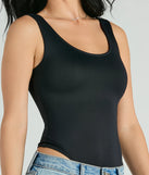 Elevate your winter outfits with the Smooth Silhouette Sleeveless Scoop Neck Bodysuit, a black bodysuit designed for confident and effortless styling with anything from mini skirts to high-waist jeans.