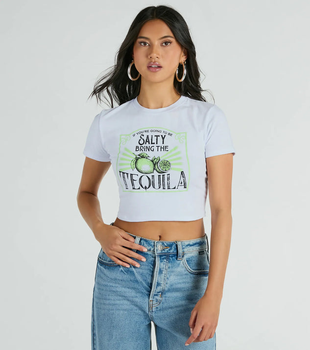 Bring The Tequila Short Sleeve Crop Graphic Tee, a trendy white addition to women's going-out outfits, is ideal for Christmas party outfits, chic NYE attire, or winter night-out looks that keep you on-trend!