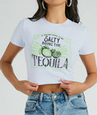 Bring The Tequila Short Sleeve Crop Graphic Tee, a trendy white addition to women's going-out outfits, is ideal for Christmas party outfits, chic NYE attire, or winter night-out looks that keep you on-trend!