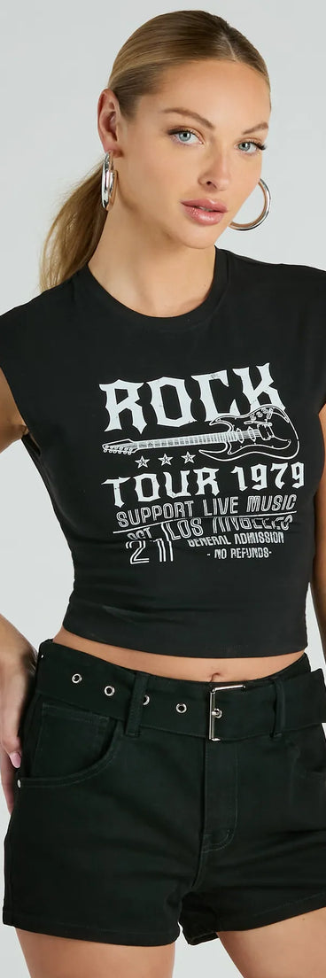 The Rock Tour 1979 Muscle Open Back Graphic Tee in black with a modern design and trendy look is part of the latest women's tops collection to elevate your 2025 wardrobe.