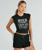 The Rock Tour 1979 Muscle Open Back Graphic Tee in black with a modern design and trendy look is part of the latest women's tops collection to elevate your 2025 wardrobe.