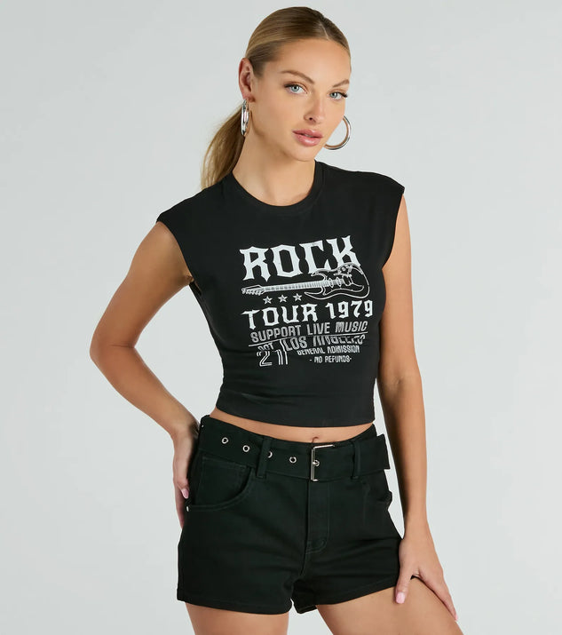 The Rock Tour 1979 Muscle Open Back Graphic Tee in black with a modern design and trendy look is part of the latest women's tops collection to elevate your 2025 wardrobe.