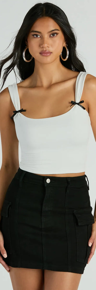 The Adorable Icon Scoop Neck Bow Crop Top in white with a modern design and trendy look is part of the latest women's tops collection to elevate your 2025 wardrobe.