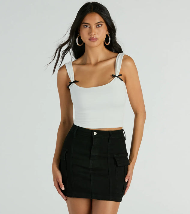 The Adorable Icon Scoop Neck Bow Crop Top in white with a modern design and trendy look is part of the latest women's tops collection to elevate your 2025 wardrobe.