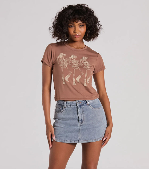 The Totally Killin' It Skeleton Rodeo Graphic Tee in brown with a modern design and trendy look is part of the latest women's tops collection to elevate your 2025 wardrobe.
