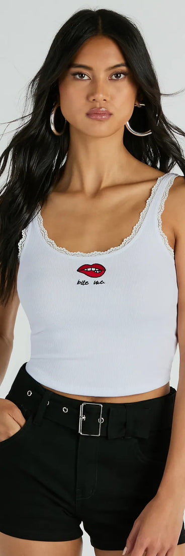 Bite Me Lace Trim Scoop Neck Crop Tank Top