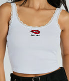 Bite Me Lace Trim Scoop Neck Crop Tank Top