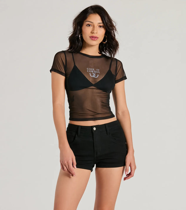 The Cool It Cowboy Sheer Mesh Graphic Top in black with a modern design and trendy look is part of the latest women's tops collection to elevate your 2025 wardrobe.