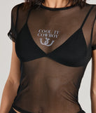 The Cool It Cowboy Sheer Mesh Graphic Top in black with a modern design and trendy look is part of the latest women's tops collection to elevate your 2025 wardrobe.