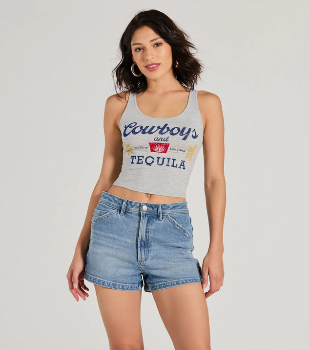 The Cowboys And Tequila Graphic Tank Top in gray with a modern design and trendy look is part of the latest women's tops collection to elevate your 2025 wardrobe.