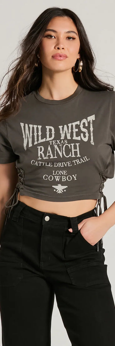 The Wild West Lace-Up Crop Graphic Tee in black with a modern design and trendy look is part of the latest women's tops collection to elevate your 2025 wardrobe.