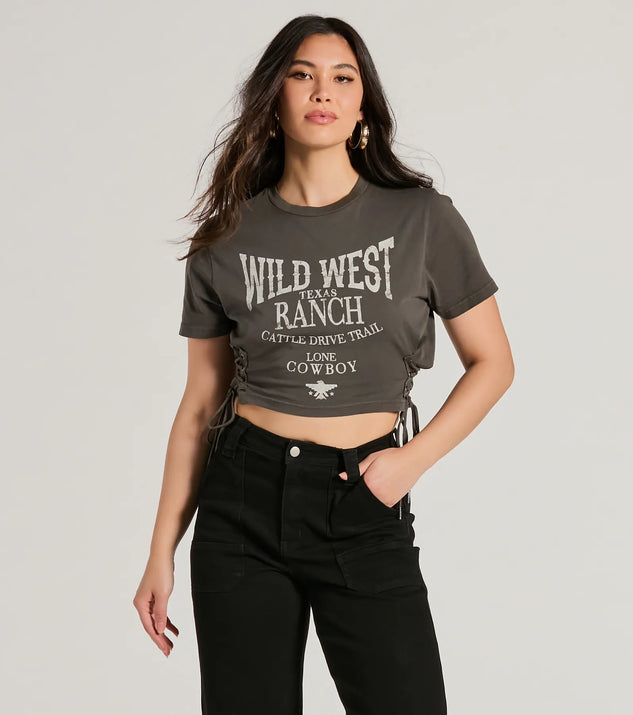 The Wild West Lace-Up Crop Graphic Tee in black with a modern design and trendy look is part of the latest women's tops collection to elevate your 2025 wardrobe.