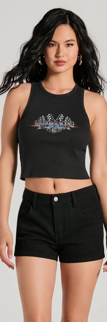 The On Your Mark Daytona Motor Racing Graphic Tank Top in black with a modern design and trendy look is part of the latest women's tops collection to elevate your 2025 wardrobe.